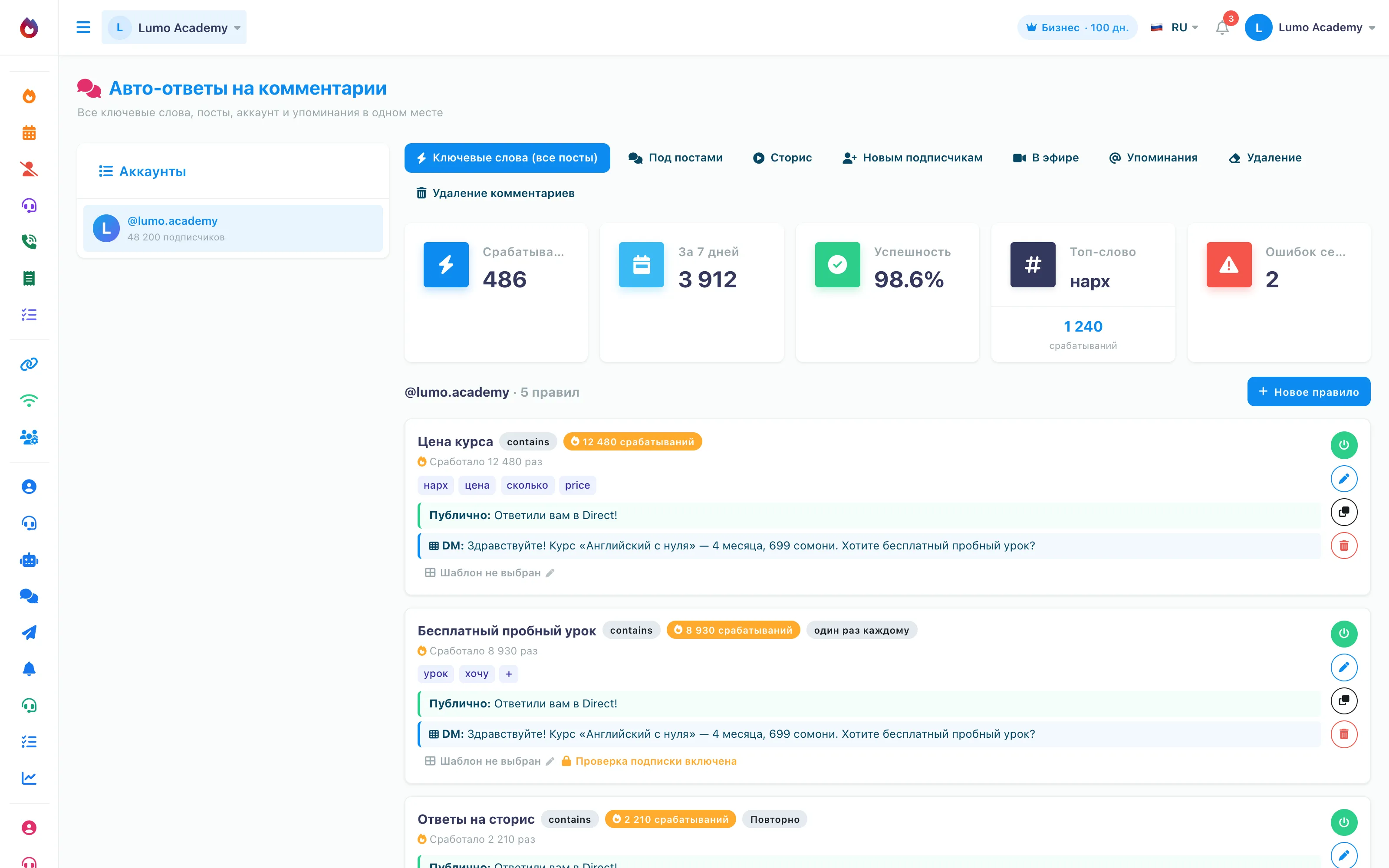 Comment auto-replies: keyword rules for a reply under the post and a message in Direct, follower check and trigger statistics.